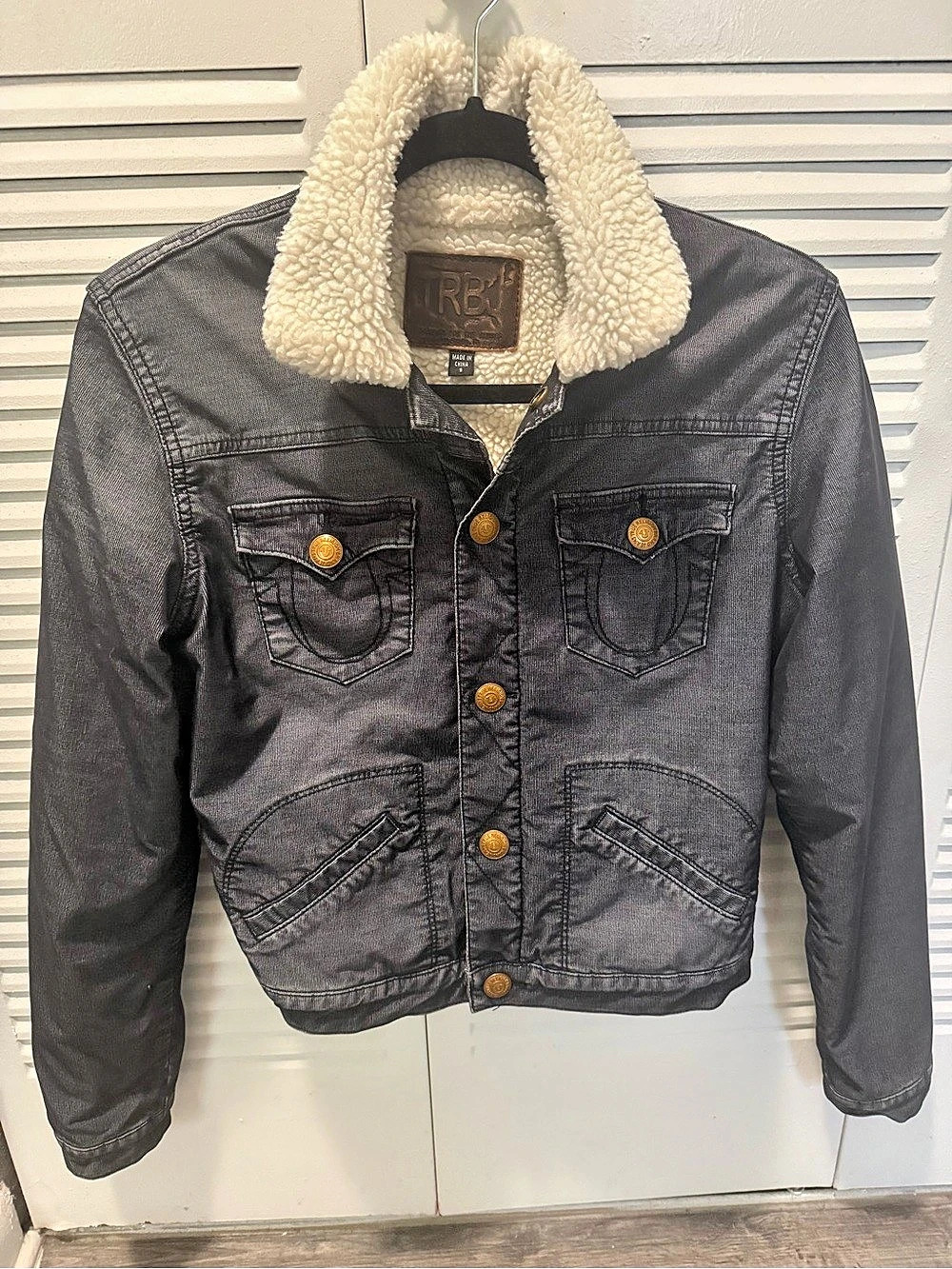 True Religion Black Sherpa Collar Jacket Size Small Velvet Toich